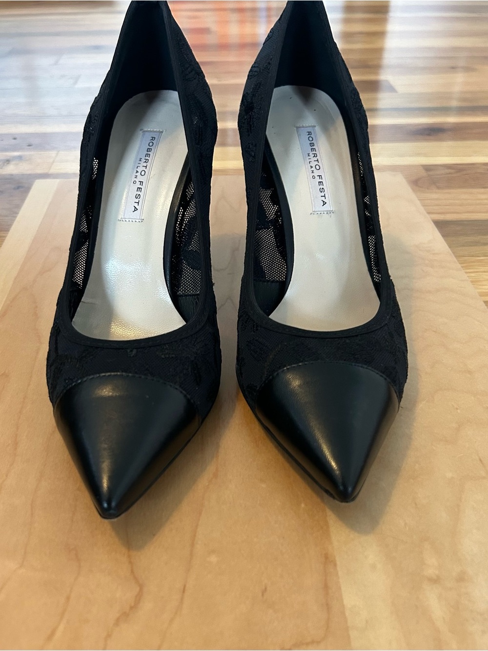 Roberto Festa Black Pointed-Toe Floral Lace & Leather Pumps